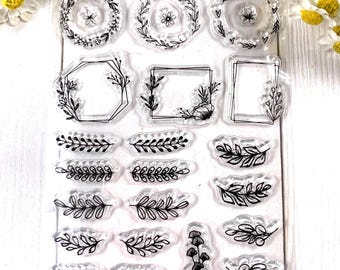 Garland, wreaths, and frames stamp set, 27 small silicone stamps in various botanical patterns, scrapbooking, planner, junk journal, collage