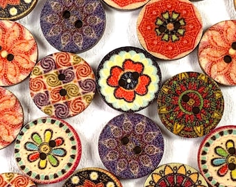 Floral printed wood buttons for button crafts, 14.5mm flat wooden 2-hole buttons for button art ornaments, mixed boho printed designs, 50 pc