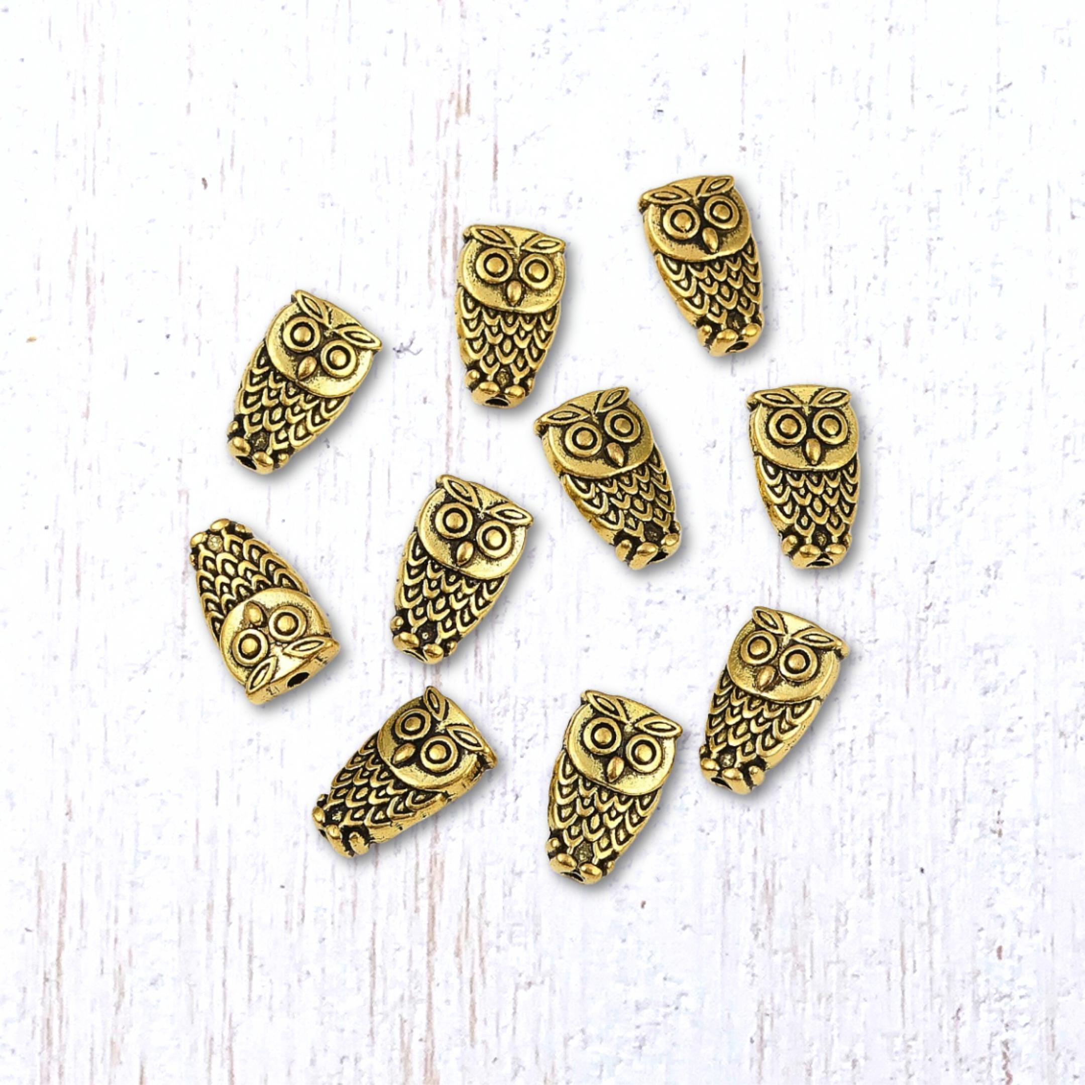 20 metal owl spacer beads with gold finish, 10x6 mm tiny bird beads (E0200)