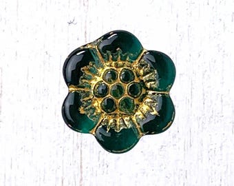 Glass flower beads with gold wash, 20 pcs, 14x4.5mm teal with gold anemone beads, wild rose beads for jewelry (A0001)