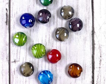 Pearlized lentil lampwork glass beads, ~14mm with 1.5mm hole, 12 flat round glass beads in assorted colors, jewelry making supplies (A0031)