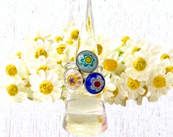 Millefiori glass flower ring, adjustable stackable stainless steel open cuff ring, lightweight glass jewelry, gift for her