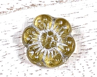 20 pcs Czech glass yellow with silver wash flower beads, 13.5mm boho floral beads for jewelry, wild rose beads, anemone flower (A0062)
