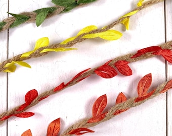 Braided jute twine leaf ribbon, 10m/32ft nature-inspired leaf trim twine for gift wrapping, cottagecore botanical vine cord for boho crafts