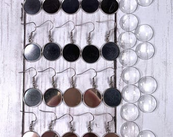 Earring blanks, round trays with glass cabochons and ear wires, DIY jewelry supplies, glass earrings, stainless steel, 18mm or 10mm, 20 sets