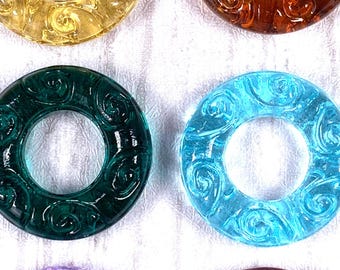 Glass circle ring beads, 5 pcs, 25mm w/ 12mm hole, embossed glass linking rings for crafts, glass donut bead with color wash (A0012/0016)