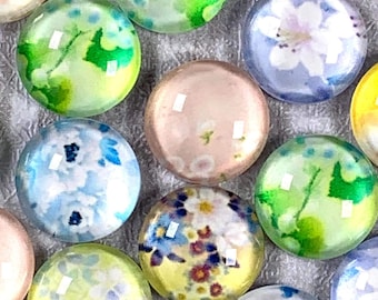 Floral printed glass cabochons for jewelry, 20 pcs assorted tiny 10mm pastel flower print flat back cabochon for earrings (B0091)