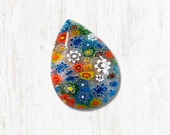 5 pcs millefiori glass teardrop flower cabochons, ~32x23mm large flat back undrilled cabs for jewelry, mosaics, mixed media art (A0015)