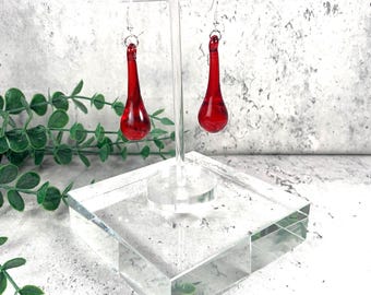 Red glass raindrop earrings, ruby red glass teardrop dangle earrings, Christmas bulb ornament jewelry, glass anniversary gift for wife