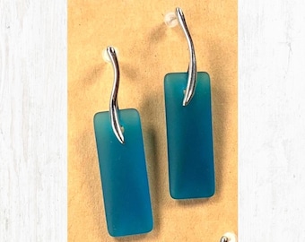 Sea glass earrings, rectangular frosted glass dangle stud, silver earrings for ocean lover, cultured beach glass vacation, wedding jewelry