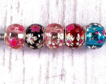 Large hole glass rondelle beads, 5 pcs, floral printed with metal core for DIY fairy wand or garden stake, European glass specialty beads