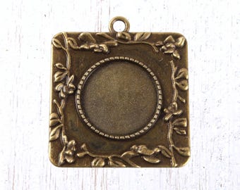 5 square cabochon pendant blanks, bronze leafy vine tray for DIY jewelry, bezel settings for bouquet charms, 40mm, 20mm tray (B0098)