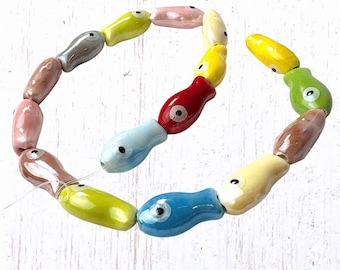 16 porcelain fish beads, 20x10.5mm assorted color glazed ceramic w/ 1.6mm hole, marine life beads for jewelry (C0146)