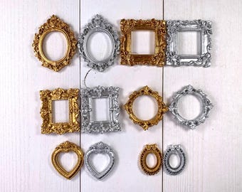 Set of 6 or 12 mini frames for crafts, assorted silver, gold ornate resin frames, dollhouse miniatures for mini vintage art, 1.5 - 2.5 inch