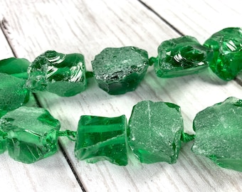 Green glass nugget beads, drilled glass irregular beads, chunky glass for DIY crafts, unique glass beads for suncatchers, 3mm hole, 14 pcs