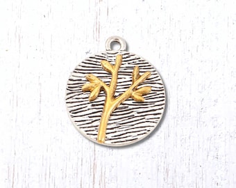 Two tone charm with branch and leaves, 10 pcs, 24x20mm gold and silver tone alloy round pendant, mixed metal findings for jewelry (G0217)