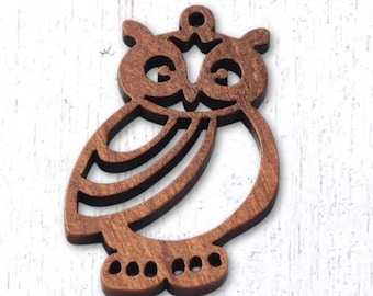 10 wood owl charms, 36.5x24mm laser cut pendants, round with open pattern for woodland crafts