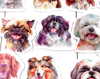 Dog sticker pack, set of 51 stickers in various dog breeds, yorkies, doodles, dog lover accents for bujo, cards, scrapbook, and junk journal