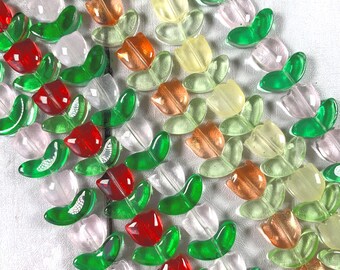Glass tulip and leaf beads for jewelry, floral painted beads for bracelets, springtime jewelry making supplies, cute earring beads, 58 beads