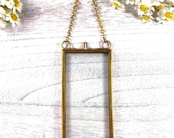 Mini floating frame, hanging frame for pressed flower art, golden brass frame w/ chain, DIY photo ornaments, 1.9x3.9" swing open double pane
