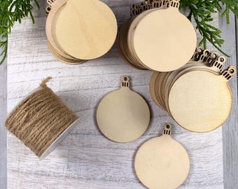 Set of 50 wood ornament blanks, unfinished laser cut wood ornament base with hemp cord, DIY rustic tree decorations, easy crafts, 50mm/2in
