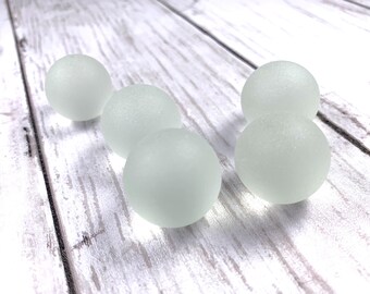 White cultured sea glass marbles, solid frosted glass spheres for jewelry making, white glass orb coastal home decor accents, 5 pieces