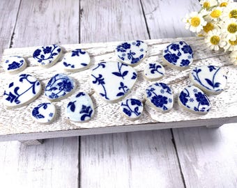 Ceramic pieces for mosaic, blue and white rounded triangles, mix size tiles glazed pottery mosaic tesserae, .70 - 1.25 inch, approx. 100 g