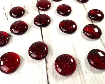 Large speckled red glass gems, approx. 25mm, 15 pc glass garden stones, red mosaic glass, large glass cabochons, unique vase filler