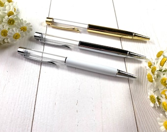 5 fillable pens, empty tube ballpoint pens, DIY snow globe pens, craft blank fillable with glitter, gem chips, colored sand, glass, DIY gift