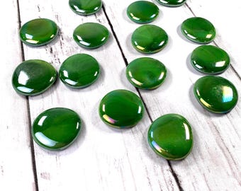 Jumbo iridescent opaque green glass gems, 15 pc, approx 32mm glass garden stones, mosaic glass, glass cabochons, unique vase filler