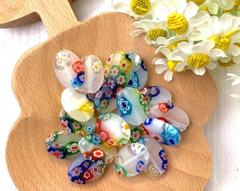 Millefiori glass flat oval flower beads, 18 pcs, approx 18x13mm, milky white glass with colorful flowers, large beads for jewelry (A0032)