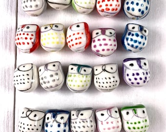 20 ceramic owl beads for jewelry, hand-painted porcelain owls for beadable blanks, 15mm focal bird bead with 2mm hole, assorted color mix