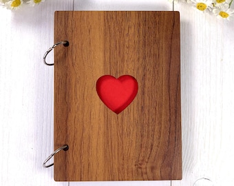Blank scrapbook album, small 6" looseleaf album with wood covers and heart cutout, junk journal, photo album with 15 black cardstock pages