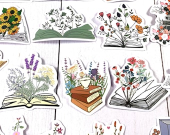 Flower and books sticker pack, 49 assorted bookish waterproof PVC stickers for junk journals, scrapbooking, water bottles, fun bookworm gift