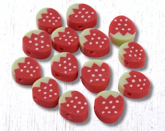 50 polymer clay strawberry beads, ~10x9.5mm with 1.5mm hole, side-drilled (C0149)