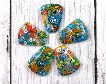 Millefiori glass large trapezoid flower cabochons, glass craft supply, colorful jewelry making undrilled beads, Murano glass cabochons 5 pcs