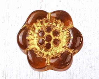 20 glass flower beads, warm brown with gold wash, 14x4.5mm anemone wild rose beads for jewelry (A0061)