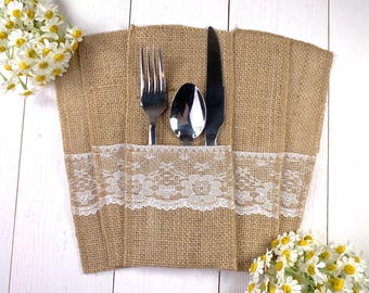 Set of 10 burlap and lace utensil holders, floral accent tablescaping for tea party, birthday, wedding, farmhouse rustic silverware sleeve