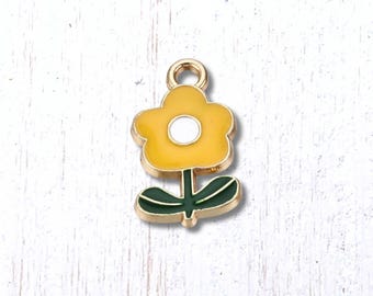 Flower charm, 10 pcs, 19x11mm alloy with enamel yellow flower with leaves and stem, golden finish, for floral themed jewelry (L0320)