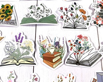 Flower and books sticker pack, 49 assorted bookish waterproof PVC stickers for junk journals, scrapbooking, water bottles, fun bookworm gift