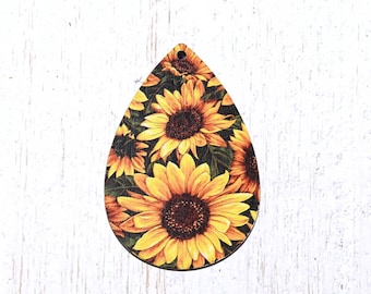 10 sunflower print wooden pendants, 59.5x40mm teardrop one-sided oversized charms for crafts