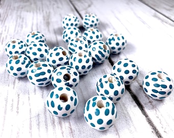 Teal and white polka dot wooden round beads, ~14mm with 4mm hole, 20 wood beads for DIY garlands, tassels, macrame and other craft projects
