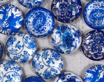 Blue and white printed glass cabochons for jewelry, assorted 14mm printed flat back cabochon for earrings, glass accents for crafts, 50 pc