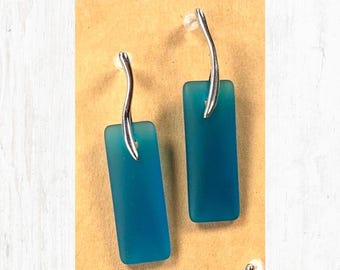 Sea glass earrings, rectangular frosted glass dangle stud, silver earrings for ocean lover, cultured beach glass vacation, wedding jewelry