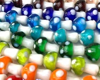 Glass mushroom beads, 20 or 25 lampwork toadstool beads, ~15.5mm with 1.4mm hole, nature boho colorful beads for jewelry (A0034/0046)