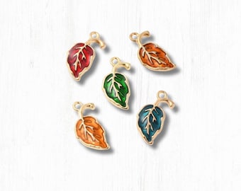 Leaf charms, 10 pcs, alloy with enamel 19.5x9.5mm leaves with loop, botanical theme charms with gold finish, multiple color options