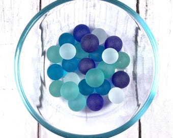 Mixed sea glass style marbles for crafting, 25pcs, +/-1/2" tumbled glass vase filler, shades of blue coastal decor vase filler