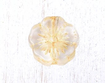 20 pcs glass hibiscus flower beads, clear with gold wash, 14mm boho floral beads for jewelry, Hawaiian flower (A0004)