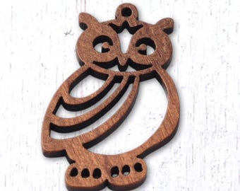 10 wood owl charms, 36.5x24mm laser cut pendants, round with open pattern for woodland crafts