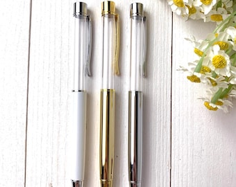5 fillable pens, empty tube ballpoint pens, DIY snow globe pens, craft blank fillable with glitter, gem chips, colored sand, glass, DIY gift